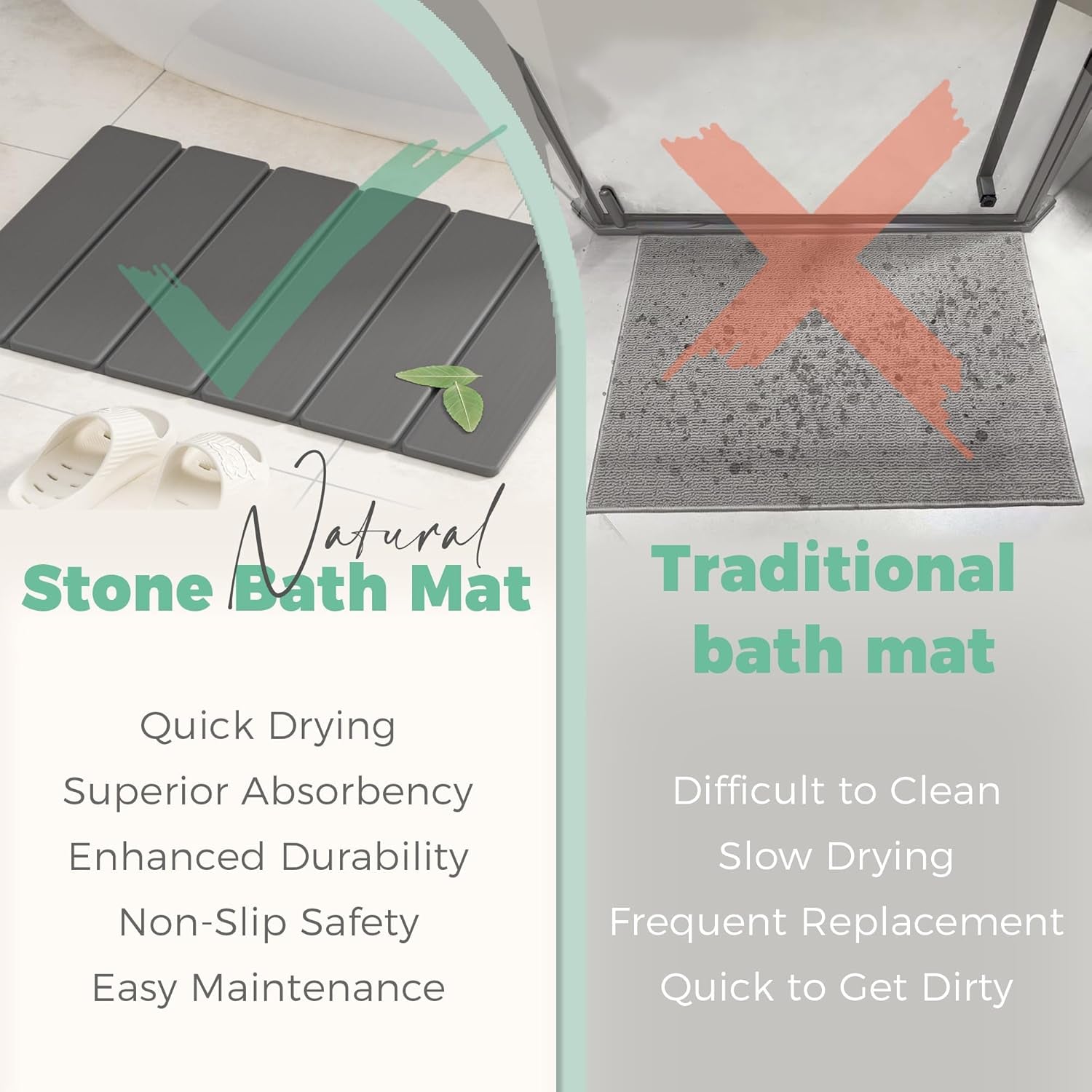 Stone Bath Mat - Non-Slip Foldable Diatomite Bath Mat 23.6 X 15.3”, Super Absorbent & Quick Drying Bathroom Mat | Easy to Clean Shower Floor Mat, Dark Gray