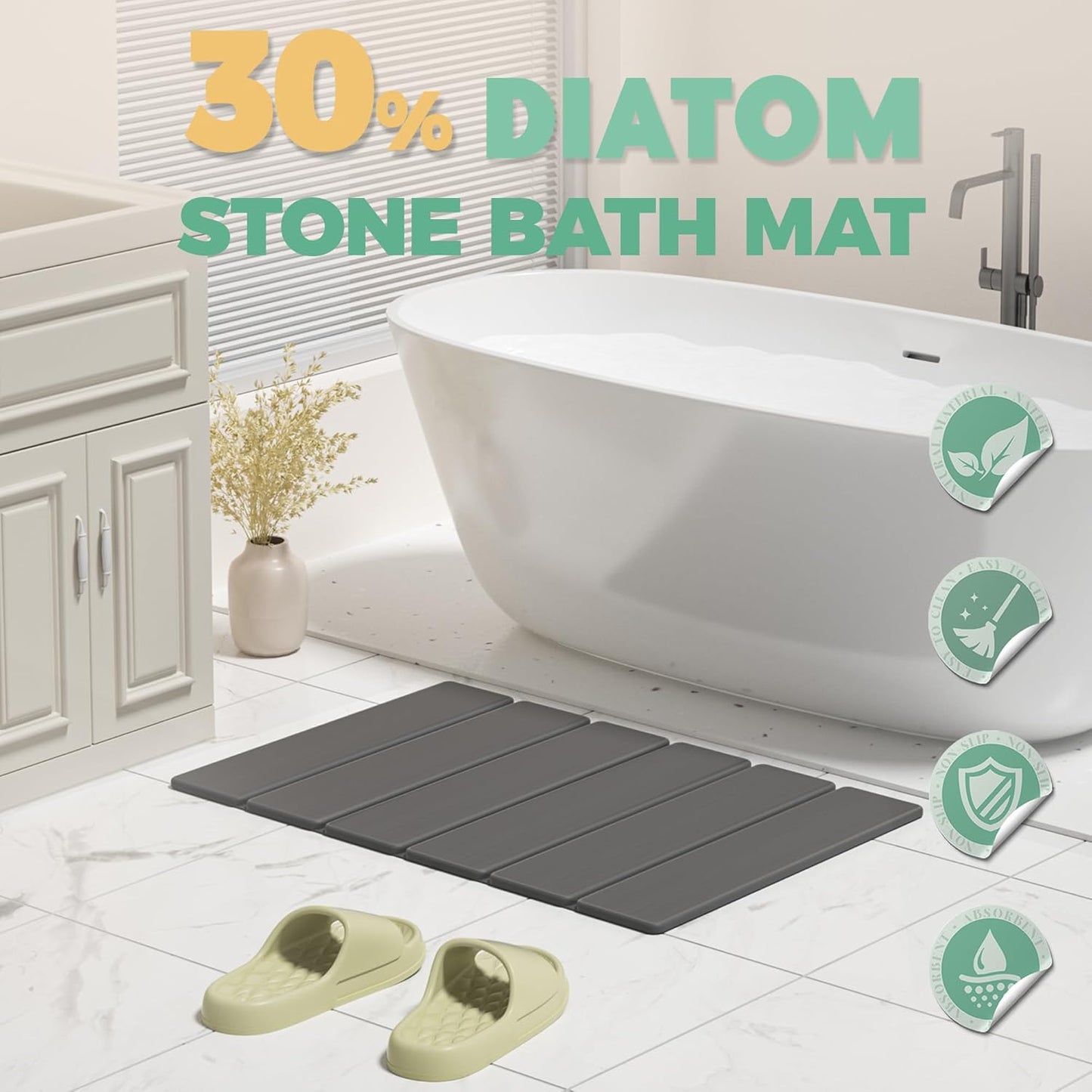 Stone Bath Mat - Non-Slip Foldable Diatomite Bath Mat 23.6 X 15.3”, Super Absorbent & Quick Drying Bathroom Mat | Easy to Clean Shower Floor Mat, Dark Gray