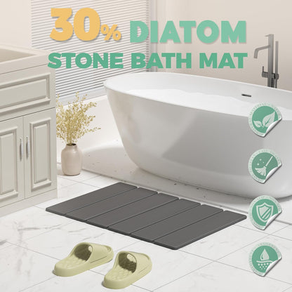Stone Bath Mat - Non-Slip Foldable Diatomite Bath Mat 23.6 X 15.3”, Super Absorbent & Quick Drying Bathroom Mat | Easy to Clean Shower Floor Mat, Dark Gray