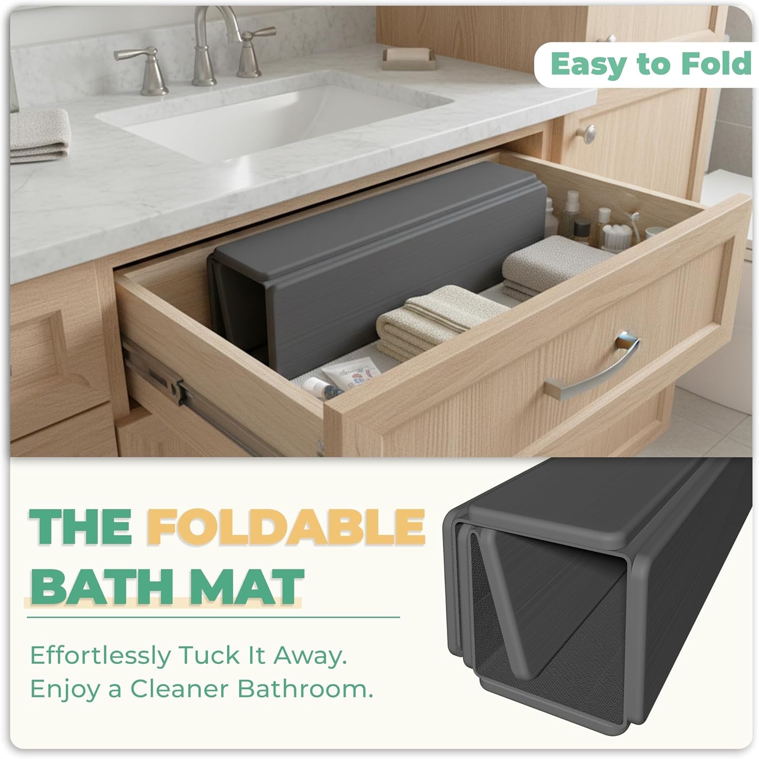 Stone Bath Mat - Non-Slip Foldable Diatomite Bath Mat 23.6 X 15.3”, Super Absorbent & Quick Drying Bathroom Mat | Easy to Clean Shower Floor Mat, Dark Gray