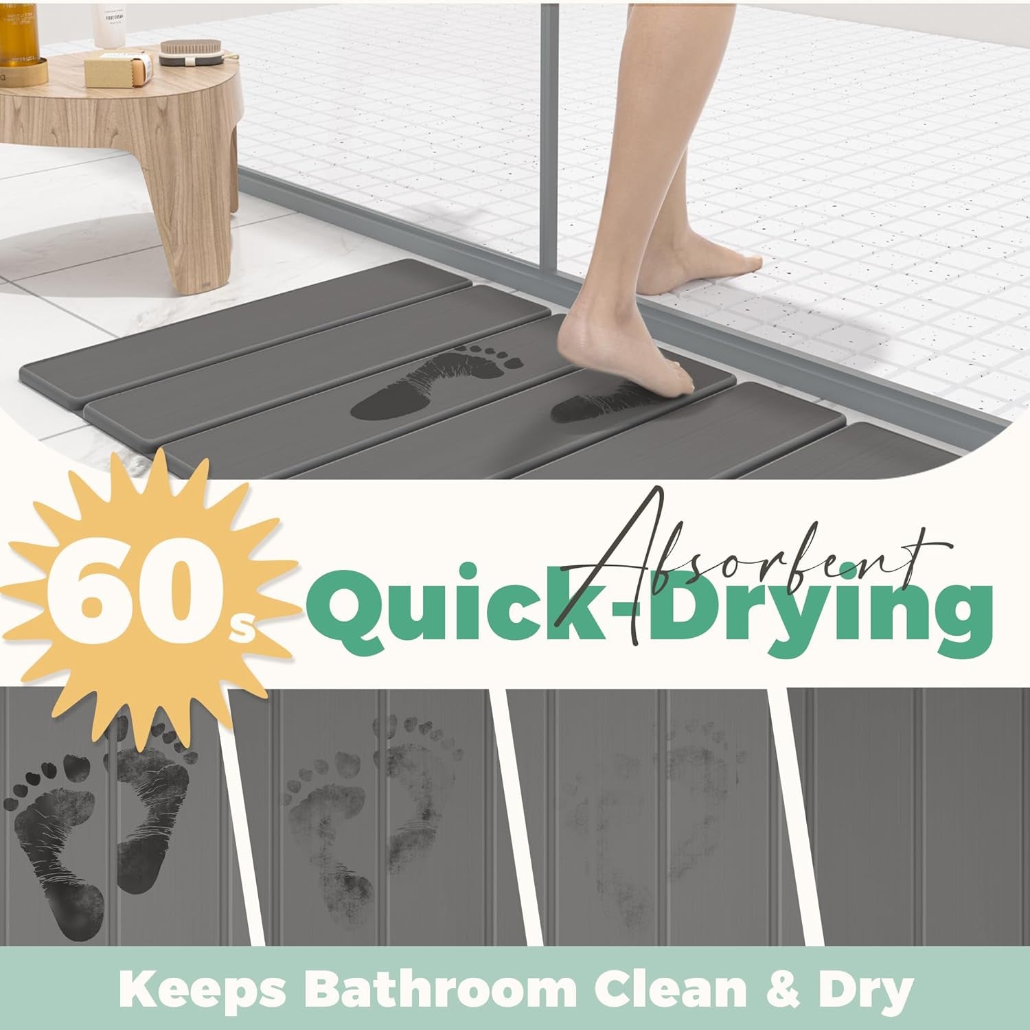 Stone Bath Mat - Non-Slip Foldable Diatomite Bath Mat 23.6 X 15.3”, Super Absorbent & Quick Drying Bathroom Mat | Easy to Clean Shower Floor Mat, Dark Gray