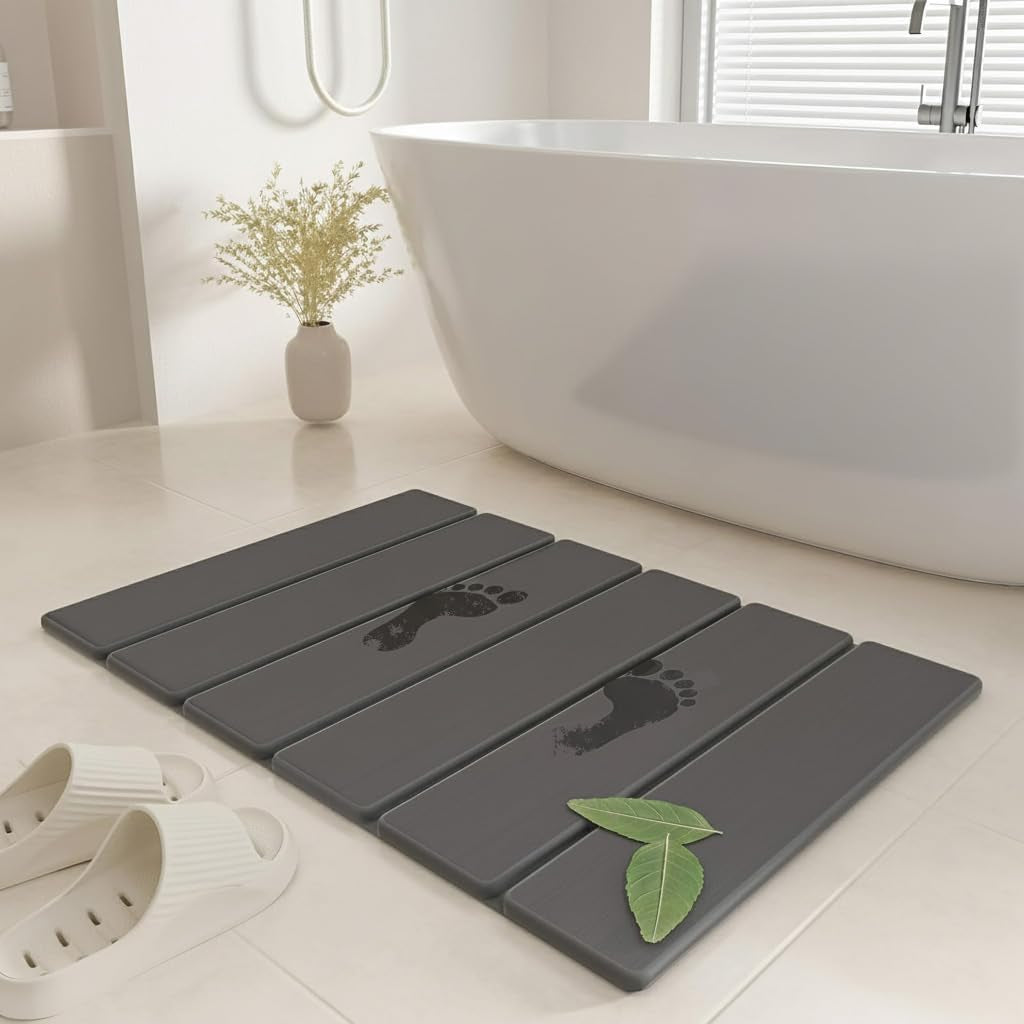 Stone Bath Mat - Non-Slip Foldable Diatomite Bath Mat 23.6 X 15.3”, Super Absorbent & Quick Drying Bathroom Mat | Easy to Clean Shower Floor Mat, Dark Gray